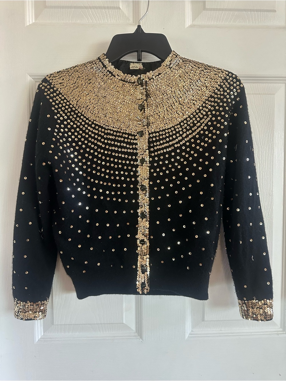 1950’s VINTAGE Black Cashmere/Wool Blend Cardigan with Gold Sequin Accents